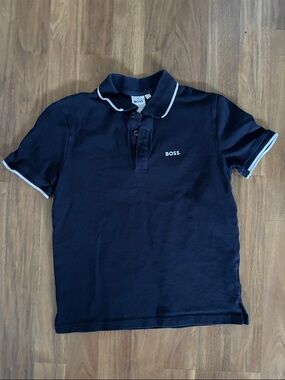 BOSS Navy Polo with White Short Sleeve Trim in Youth Boys Size 12